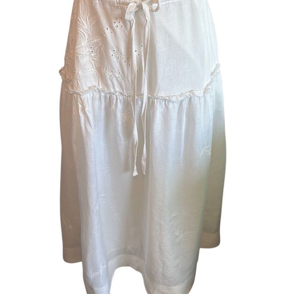 Anthropologie Flax Linen Ilet Embroidered Maxi Boho Square Neck White Dress M - Picture 6 of 16